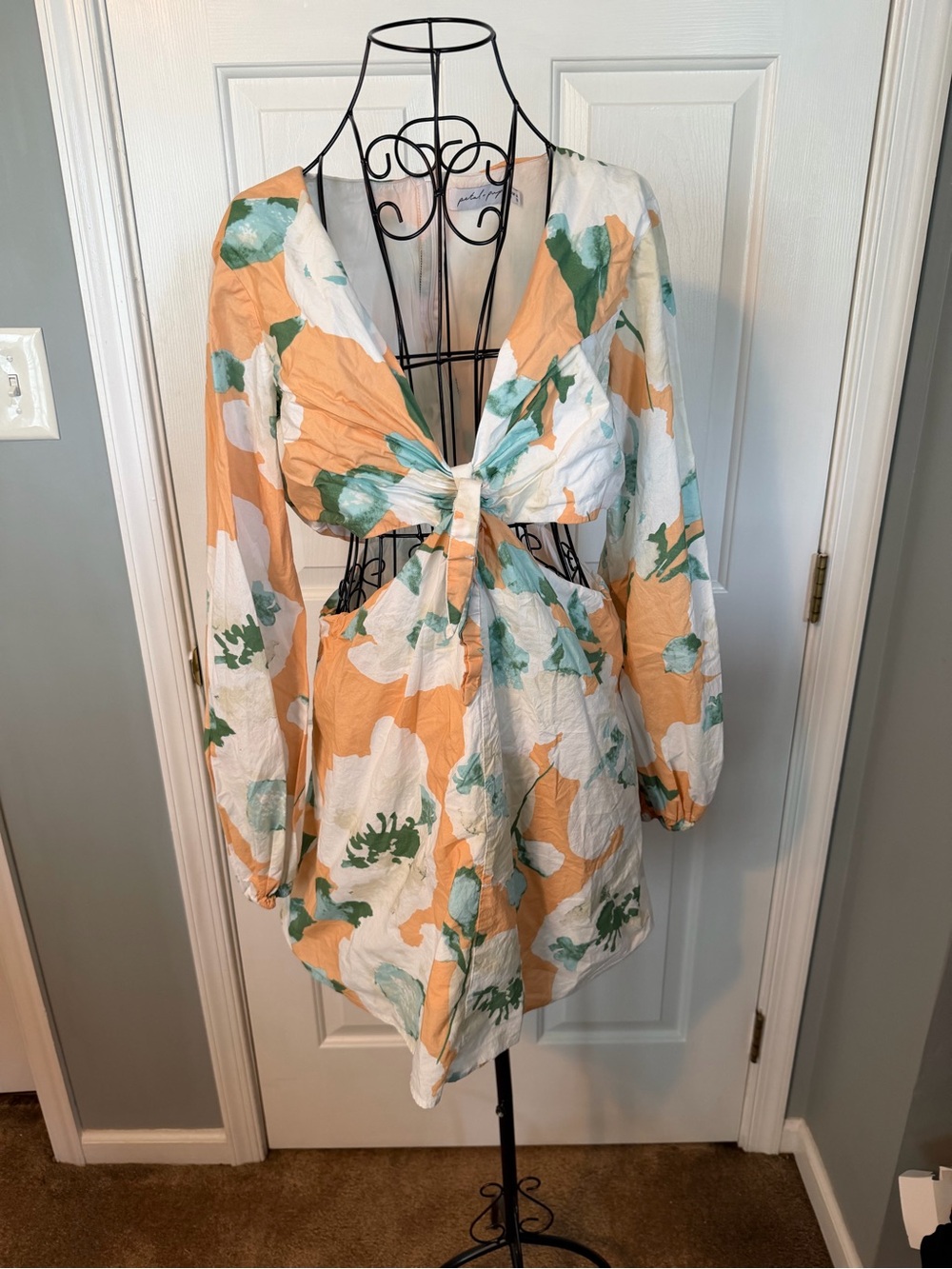 Petal & Pup Peach and Green Floral Tie-Front Mini Dress